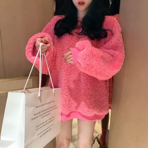 

Loose And Lazy Outer Wear Plush Tops (Color:Pink Size:Free Size)