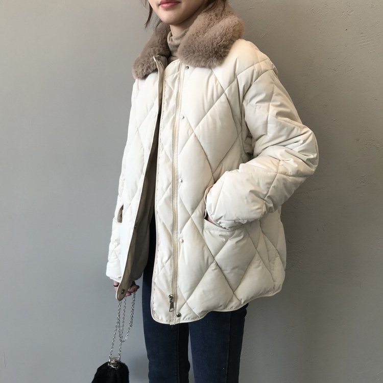 

Faux Rabbit Fur Collar Loose Warm Quilted Cotton Coat (Color:Beige Size:M)