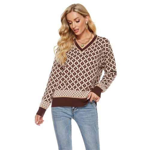 

Long-sleeved V-neck Retro Diamond Elastic Sweater (Color:Coffee Size:M)