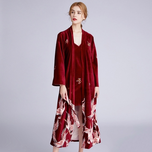 

Crane Hanging Skirt Velvet Nightgown, Style: Two-piece (Color:Wine Red Size:M)