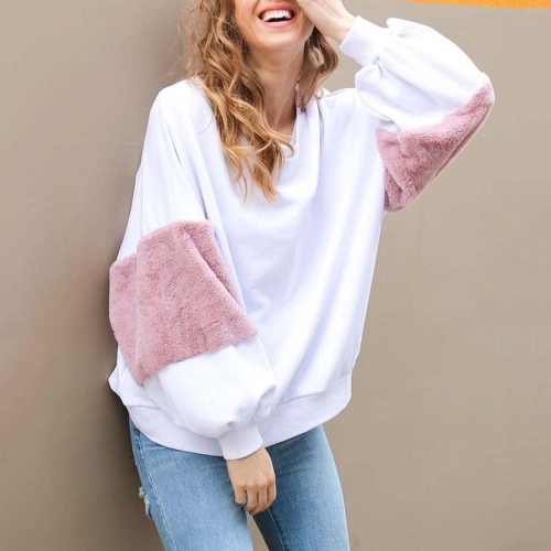 

Rabbit Fur Stitching Round Neck Sweater T-shirt (White)