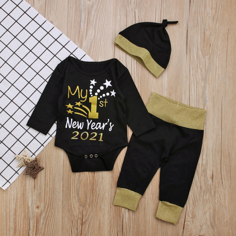 

3 in 1 Autumn Letter Print Children Long Sleeve Romper + Trousers + Hat Set (Color:Black Size:70cm)