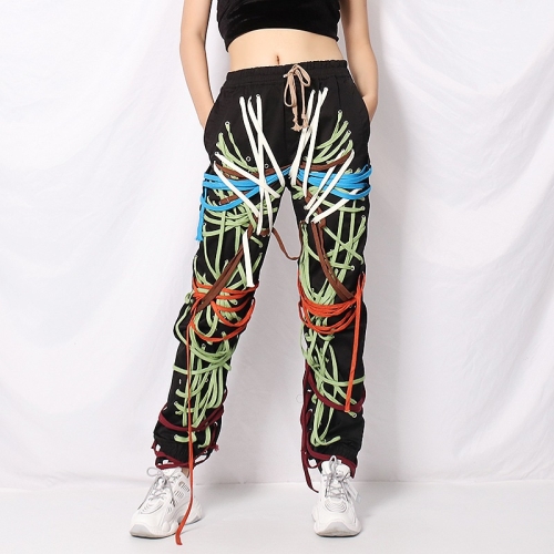 

Casual Black Leggings Fashion Strap Pockets Multi-layer Niche Design Trousers (Color:Colour Size:XXXL)