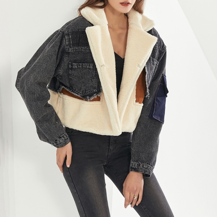 

Plush Thick Denim Stitching Lamb Fur Lapel Cotton Jacket (Color:Black Size:S)