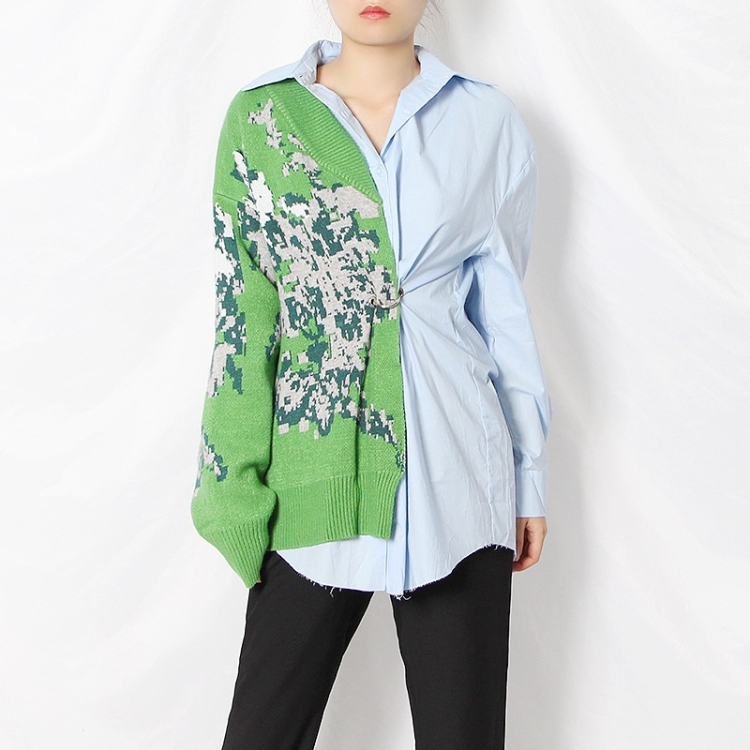 

Pattern Stitching Shirt Waist Ring Long Sleeve Sweater (Color:Blue Size:S)