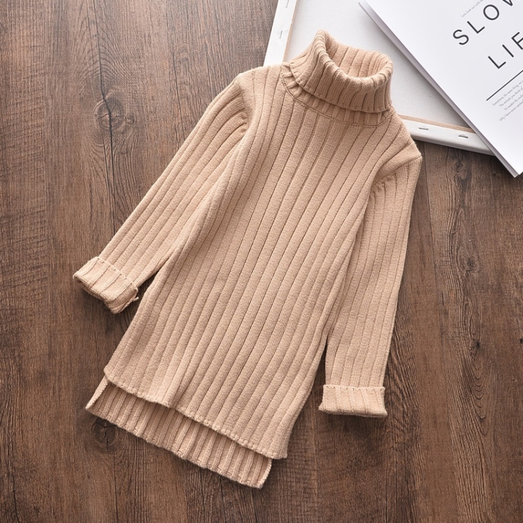 

Autumn and Winter Girls Mid-length Split Sweater Turtleneck Sweater (Color:Beige Size:90cm)