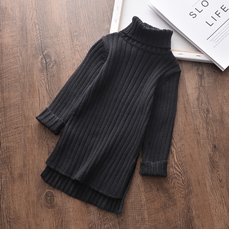 

Autumn and Winter Girls Mid-length Split Sweater Turtleneck Sweater (Color:Black Size:90cm)