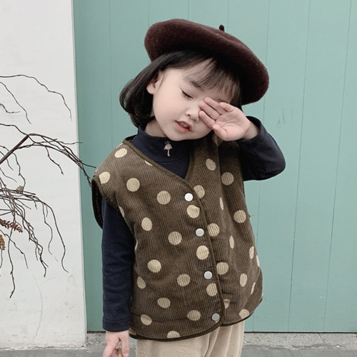 

Autumn and Winter Girls Dots Both-sides Wearable Corduroy Jacket Warm Vest (Color:Brown Size:90cm)