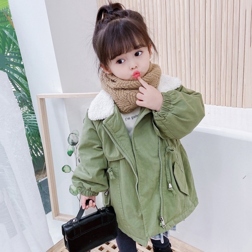 

Autumn and Winter Girls Mid-length Thickened Zipper Lapel Trench Coat (Color:Green Size:130cm)