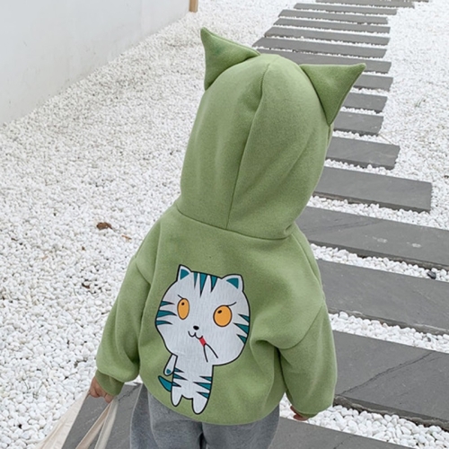 

Autumn and Winter Girls Cute Cartoon Cat Pattern Plus Velvet Ears Hooded Sweater Jacket (Color:Green Size:100cm)