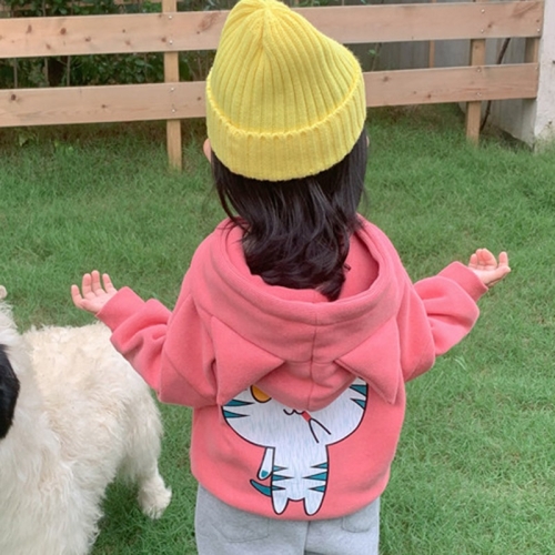 

Autumn and Winter Girls Cute Cartoon Cat Pattern Plus Velvet Ears Hooded Sweater Jacket (Color:Pink Size:100cm)