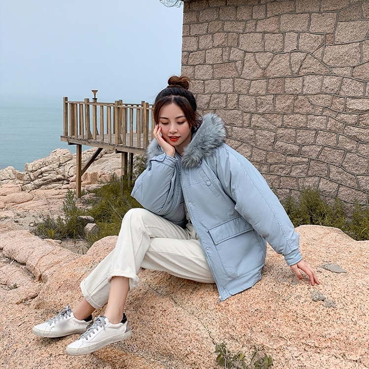 

Ladies Loose Hooded Big Fur Collar Down Jacket (Color:Light Blue Size:S)