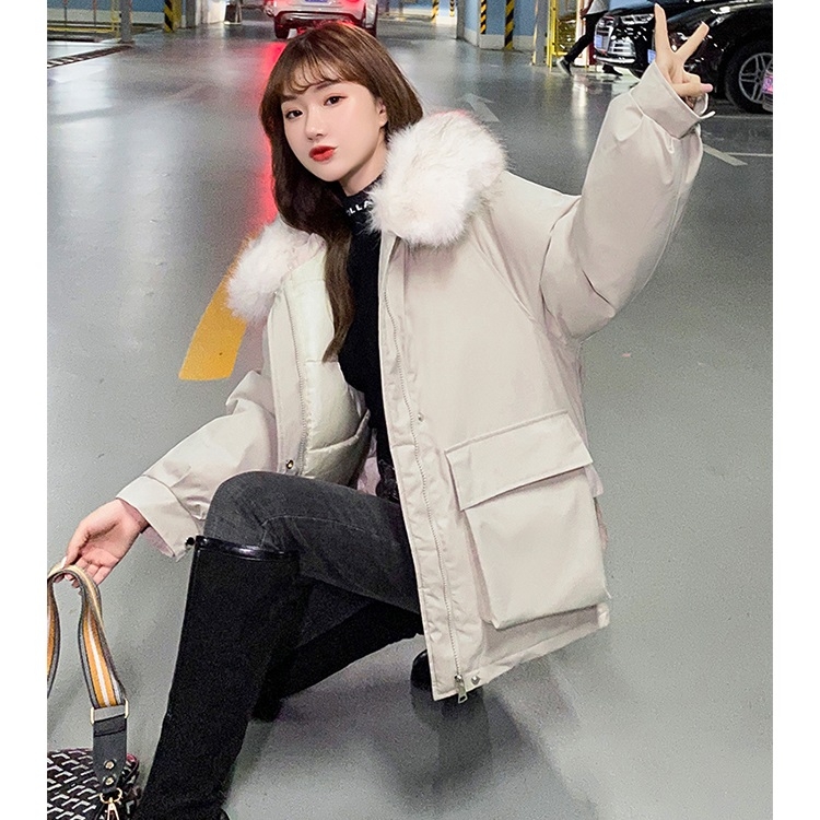 

Women Loose Big Fur Collar Short Down Jacket (Color:Off White Size:S)