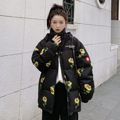 

Ladies Loose Hooded Print Short Down Jacket (Color:Black Size:S)