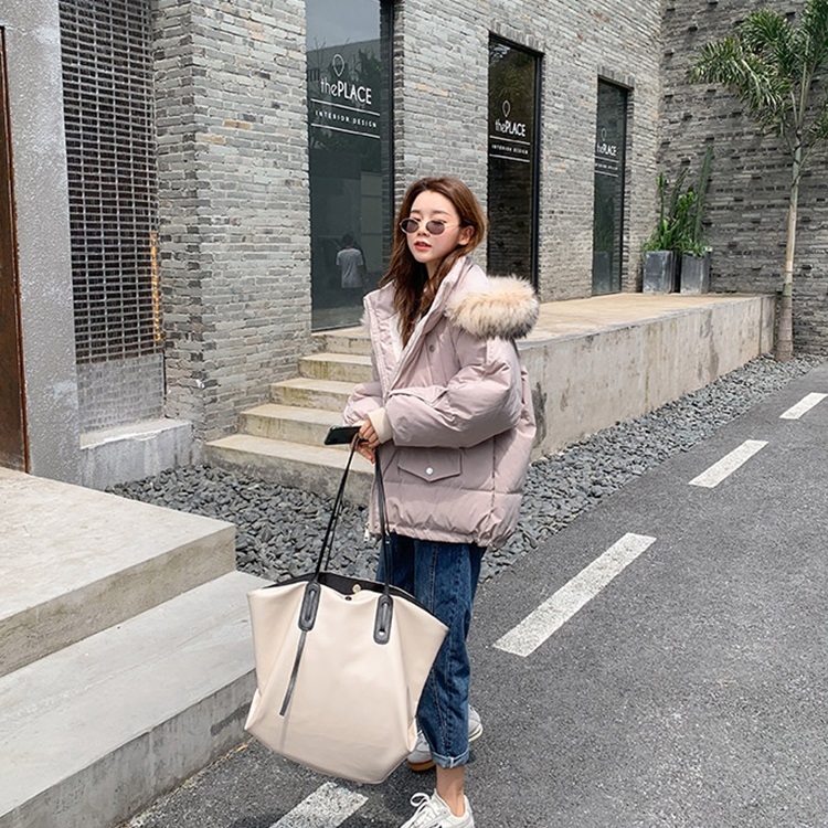 

Women Loose Big Fur Collar Padded Down Jacket (Color:Off White Size:XS)