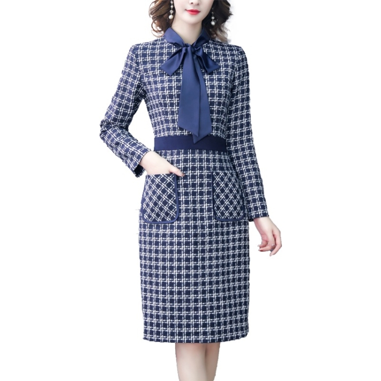 

Lattice Lacing Long Sleeve OL Wrapped Hip Skirt Dress (Color:Dark Blue Size:M)