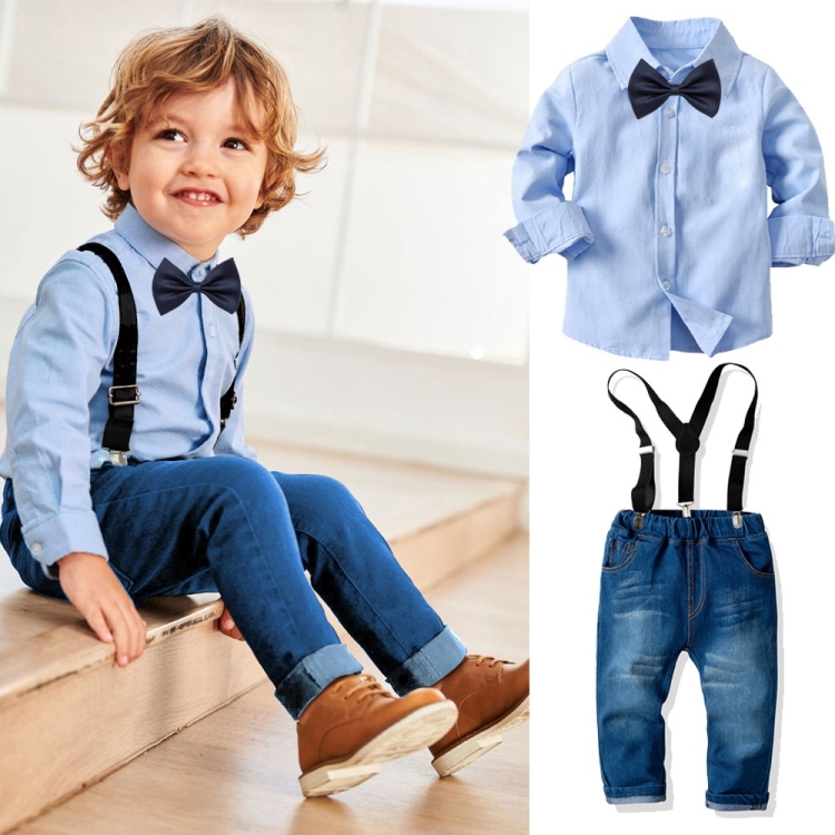 

Children Long-sleeved Shirt + Denim Suspenders And Trousers Two-piece Suit (Color:Blue Size:90)