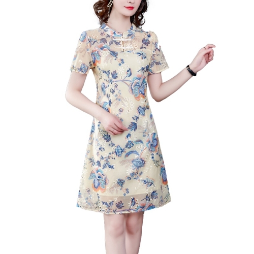 

Fashion Printed A-line Short Skirt Embroidered Modified Cheongsam Dress (Color:As Show Size:M)