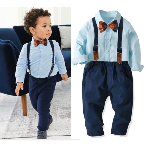 

Boys Cotton Long-sleeved Shirt + Suspenders Trousers Suit (Color:Dark Blue Size:100)