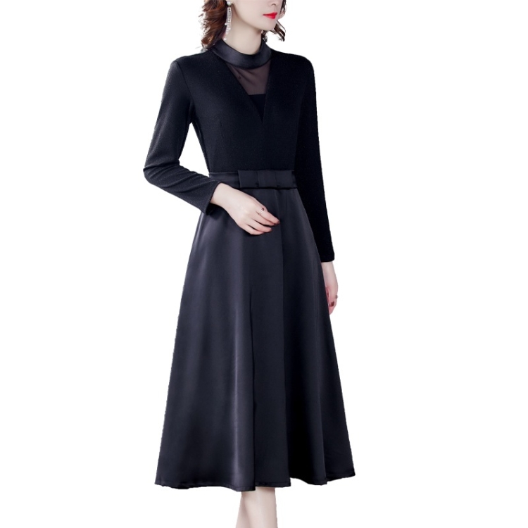 

Retro Stitching Long Sleeve A-line Skirt Fake Two-piece Dress (Color:Black Size:S)
