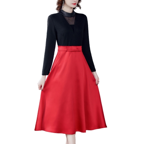 

Retro Stitching Long Sleeve A-line Skirt Fake Two-piece Dress (Color:Red Size:M)