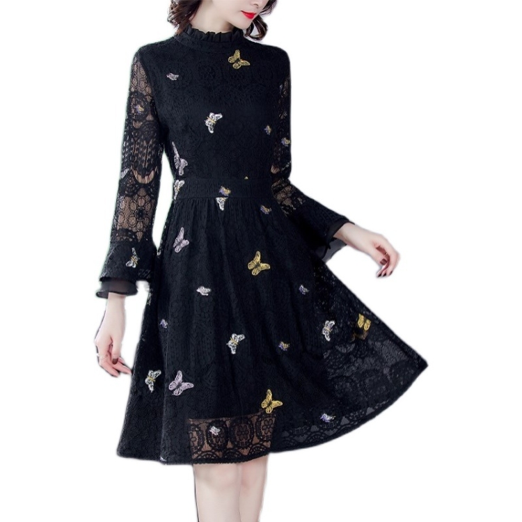 

Long Sleeve Floral Lace Dress Mid-length A-line Skirt (Color:Black Size:S)