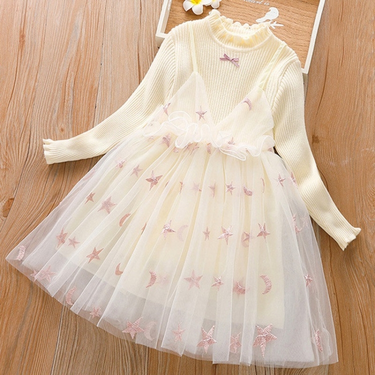

Stars and Moon Embroidered Pattern Girls Dress Mesh Princess Dress (Color:Beige Size:100cm)