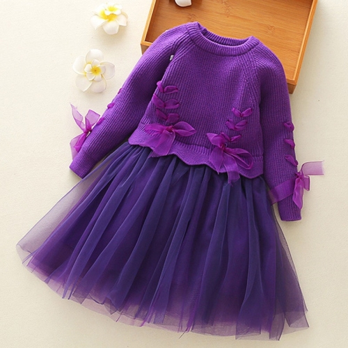 

Autumn and Winter Girls Sweater Dress Bow-knot Princess Dress (Color:Purple Size:100cm)