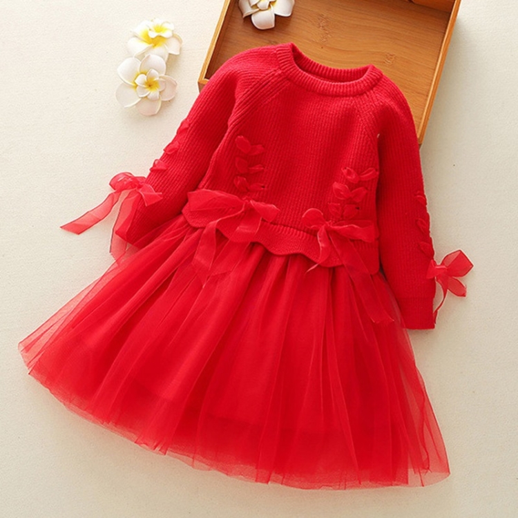 

Autumn and Winter Girls Sweater Dress Bow-knot Princess Dress (Color:Red Size:110cm)