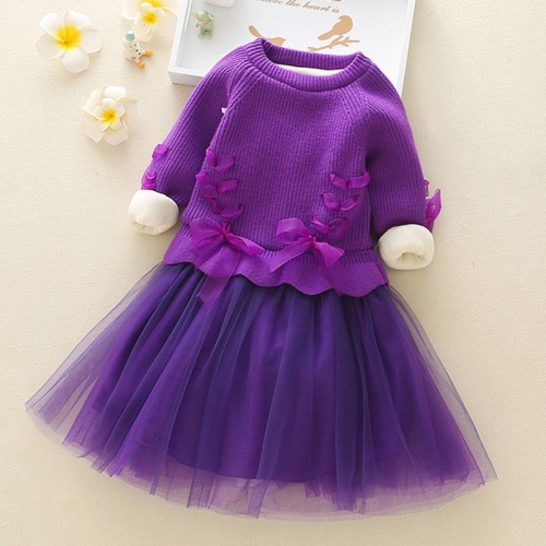 

Plus Velvet Style Autumn and Winter Girls Sweater Dress Bow-knot Princess Dress (Color:Purple Size:100cm)