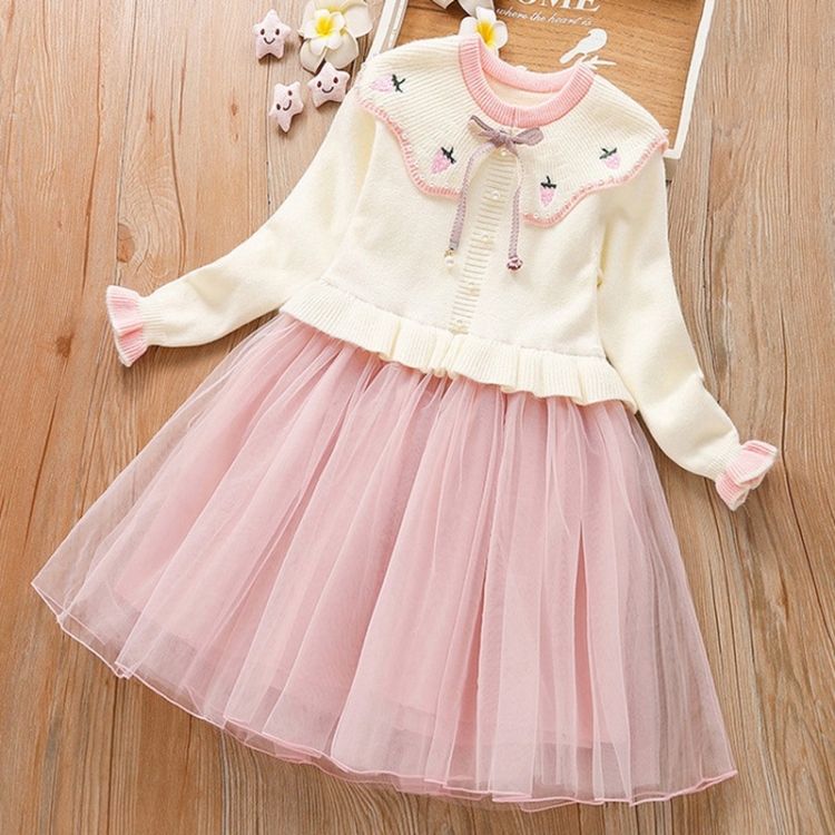

Girls Lapel Strawberry Embroidery Pattern Sweater Dress Princess Dress (Color:Beige Size:120cm)
