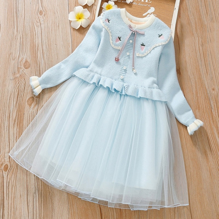 

Plus Velvet Style Girl Lapel Strawberry Embroidery Pattern Sweater Dress Princess Dress (Color:Blue Size:100cm)
