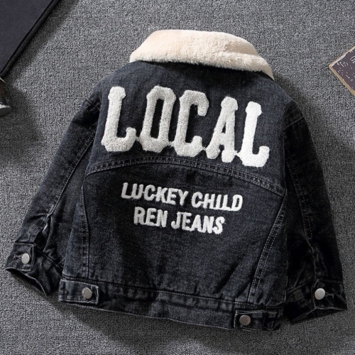 

Boys Winter Clothing Fur Collar Plush Denim Coat (Color:Black Size:80cm)