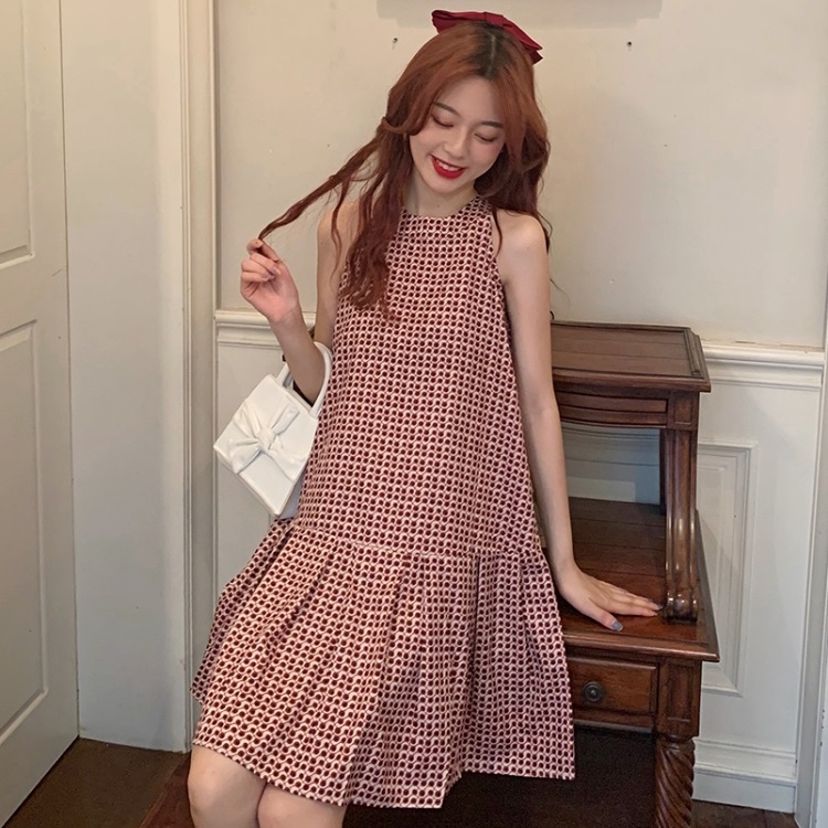 

Women Loose Tank Top Plaid Dress (Color:Light Red Size:M)