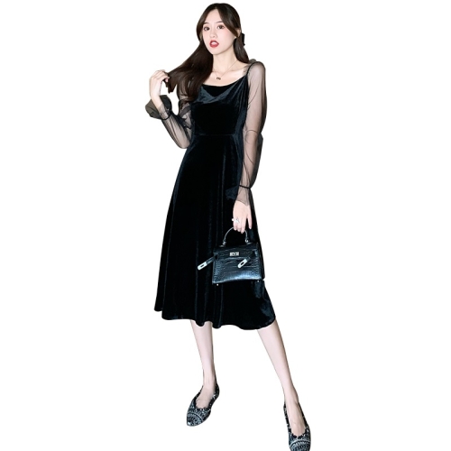 

Women Gold Velvet Mesh Stitching Mid-length Dress (Color:Black Size:M)