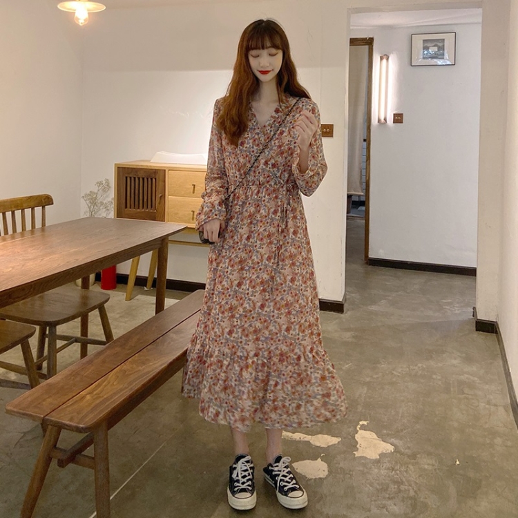 

Ladies Chiffon Floral Skirt Dress (Color:Apricot Size:M)