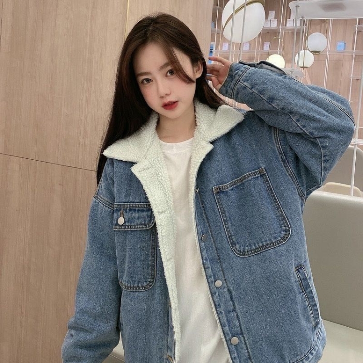 

Winter Warm Denim Cotton Coat Women Loose Plus Velvet Lamb Wool Coat (Color:As Show Size:S)