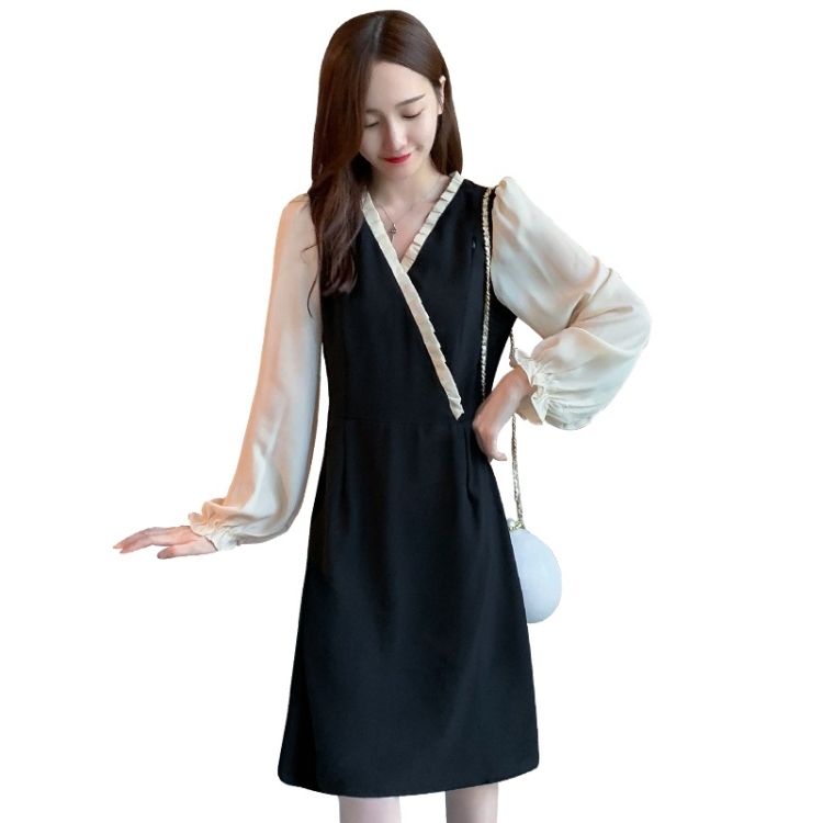 

Hepburn Style French Waist Loose Chiffon Dress (Color:Black Apricot Size:M)