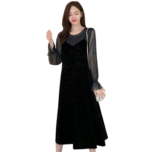 

Women Loose Gold Velvet Round Neck Dress (Color:Black Size:M)