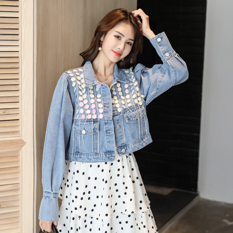 

Fashion Denim Jacket Sequins Chain Ladies Short Denim Coat (Color:Baby Blue Size:S)