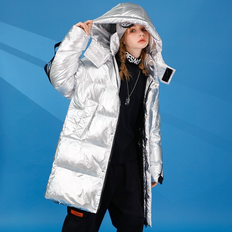 

Winter Ladies Mid-length Down Jacket Loose Casual Cold-proof Warm White Duck Down Coat with Removable Cap (Color:Silver Size:L)