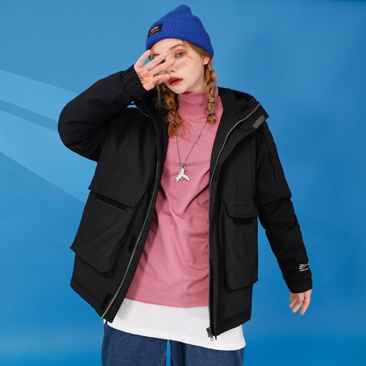 

Winter Ladies Short Down Jacket Loose Casual Cold-proof Warm White Duck Down Coat (Color:Black Size:L)