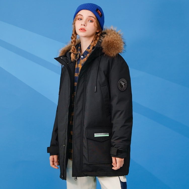 

Winter Ladies Short Whale Label Raccoon Fur Collar Hooded Down Jacket Loose Casual Cold-proof Warm White Duck Down Coat (Color:Black Size:M)