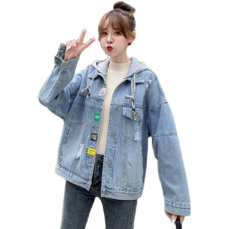 

Loose Long Sleeve Frayed Hooded Jacket Denim Coat (Color:As Show Size:S)