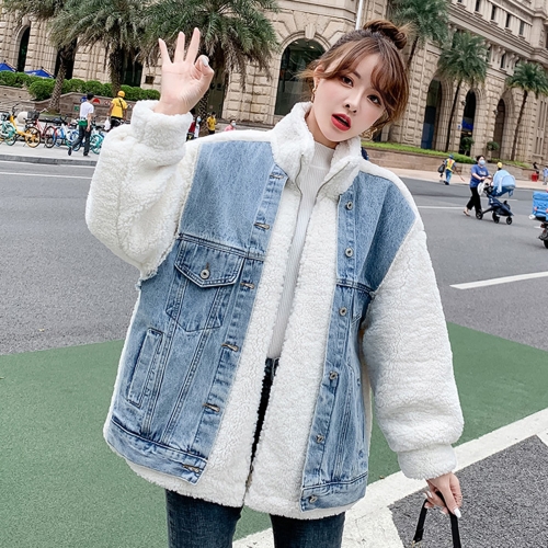 

Stitching Thickened Imitation Lamb Wool Denim Jacket Coat (Color:Light Blue Size:S)