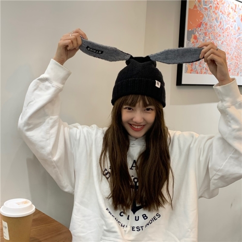 

Japanese Cute Rabbit Ear Knit Hat (Color:Black Size:Free Size)