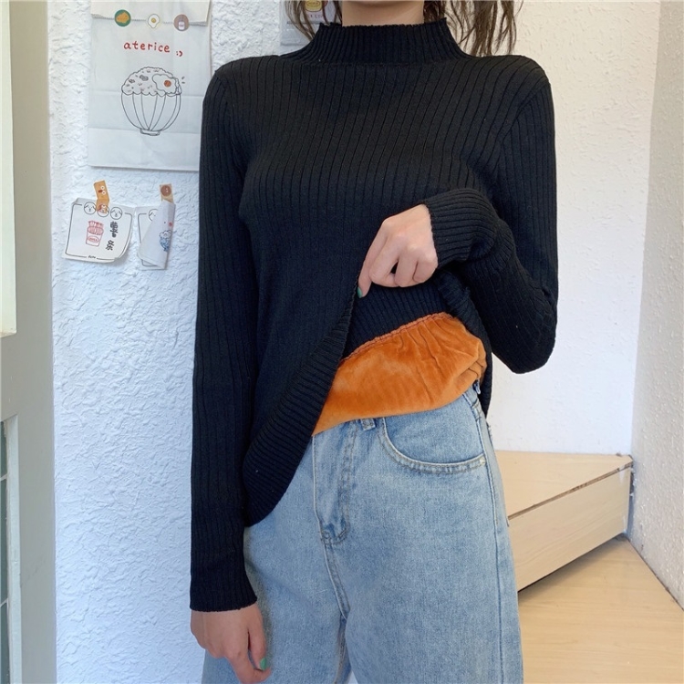 

Girls Sweater Bottoming Shirt Thick Plus Velvet Long-sleeved Slim Knit Sweater (Color:Half Collar Black Size:Free Size)