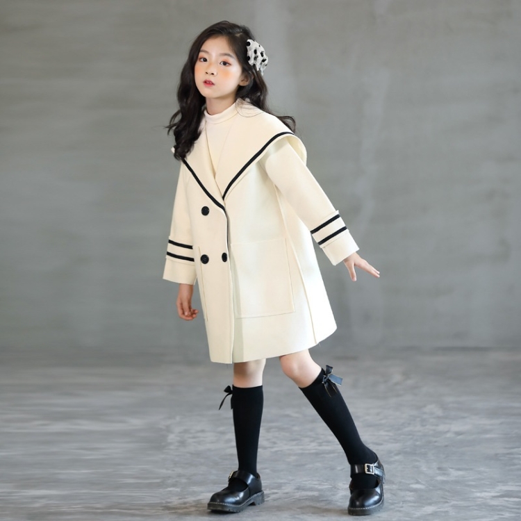 

Girls Woolen Coat Navy Style Long Childrens Woolen Coat (Color:Beige Size:120)