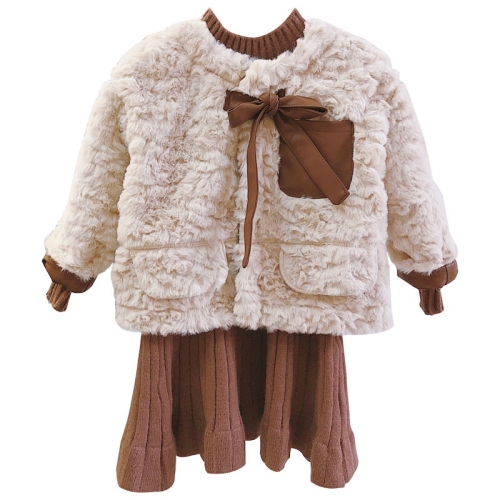 

Girls Faux Fur Jacket + Knitted Dress Fur Coat (Color:Beige Size:100)