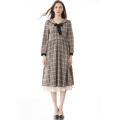 

Fashion Retro Lattice Mid-length Dress (Color:As Show Size:S)